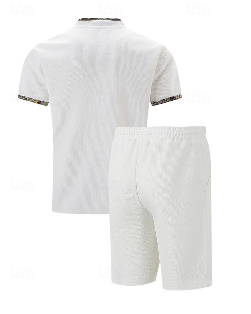 Men's Waffle Shirt T-shirt Suits 2 Pieces Outfits Tee & Shorts Short Sleeve Standing Collar Summer Color Block Fashion Casual 2 Piece Front Pocket Vacation Daily Wear Going out Black White Royal Blue 2025 - $34.99 –P3