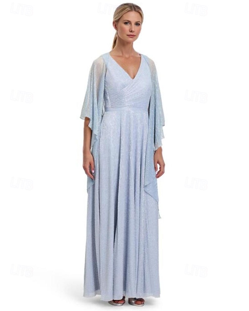 Metallic Lurex Chiffon A-Linie Mutter der Braut Kleid elegantes einfach minimalistisches V-Ausschnitt bodenlang halbärmel mit Rüschendetails 2025 - $163.99 –P1