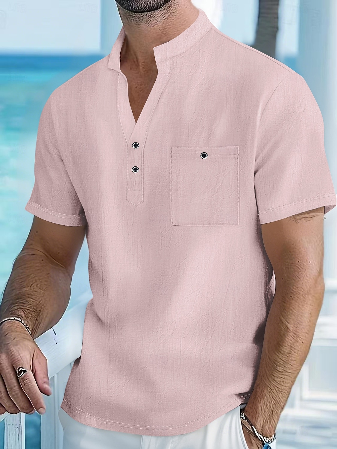 Homme Chemise en lin Chemise popover Chemise Décontractée Chemise Boutonnée Uni Vacances Rue Blanche Jaune Rose dragée Abricot Manche Courte Band Collar Printemps & Été Vêtement Tenue Avec Poches de 2025 ? $21.99 –P9