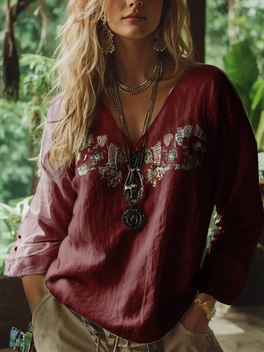 Bluzka damska boho kwiatowa grafika paisley bohemia vintage tropikalna 3/4 długości rękaw dekolt w serek reguralne topy czarny biały czerwony zielony lato wiosna 2026 - $29.99 –P4