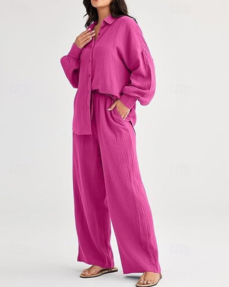 Dam Mode Streetwear Skjorta Tvådelade set Byxuppsättningar Långärmad Tröjkrage Ensfärgat Snörning Dagliga kläder Datum Svart Vin Armégrön Vår Normal 2025 - $38.99 –P8
