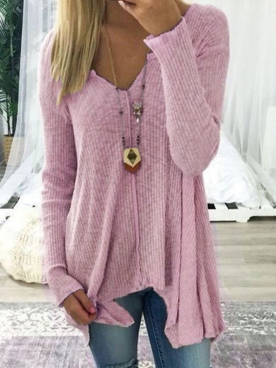 Women's Blouse Solid Color Stylish Casual Long Sleeve V Neck Regular Tops Daily Asymmetric Hem White Pink Khaki Gray Summer Spring 2025 - $16.99 –P4