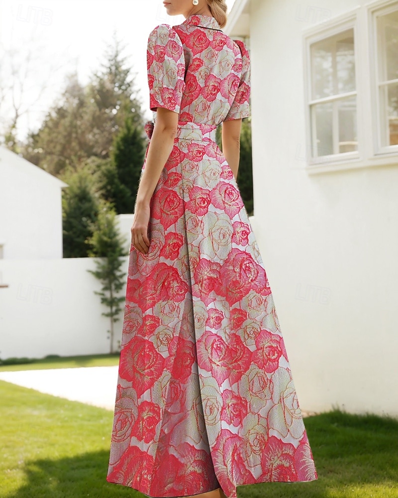 Jacquard Brokade Blomstrete Blå A-Linje Kveldsdrakt Elegant Kjole Formell Bryllup Gulvlengde Korte Ermer Skjortekrave Nylon med Splitt Lomme Bryllupsgjest Kjole 2025 - $144.99 –P5
