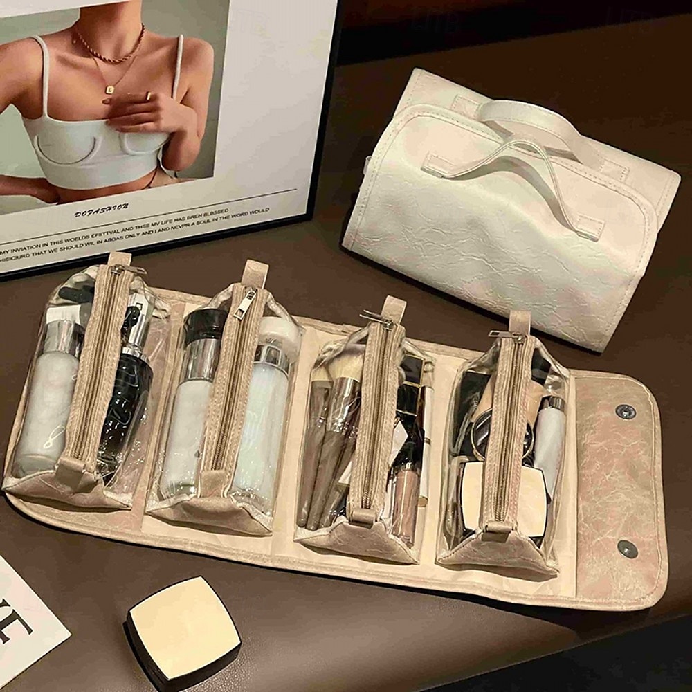 Bolsa de viaje de cuero para cosméticos, gran capacidad, portátil, para mujer, estuche de maquillaje, impermeable, organizador de maquillaje, bolsa de almacenamiento plegable 4 en 1, bolsa de aseo de 2025 - $15.49 –P7