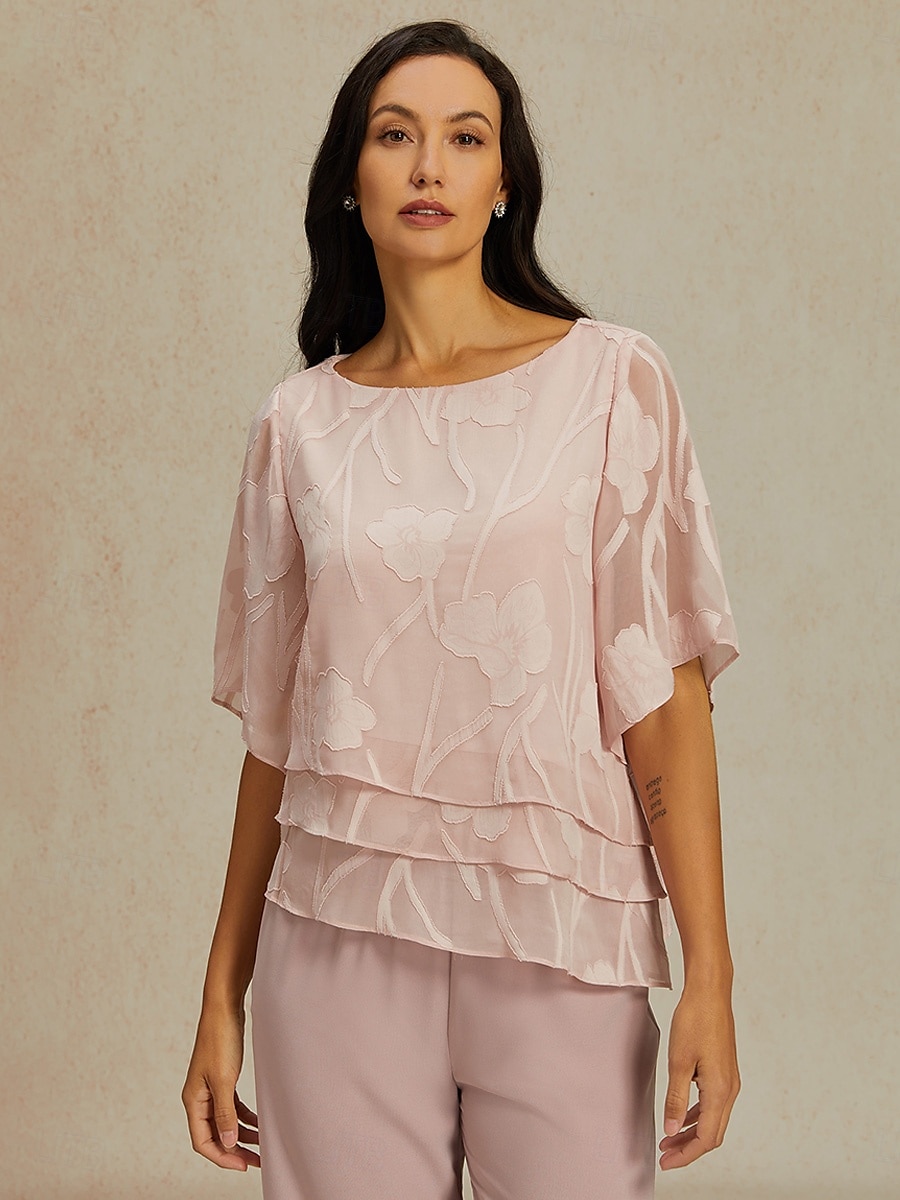 Dames Kanten overhemd Blouse Geklede topjes Chiffon-topjes Effen Kleur Bloemig Grafisch Elegant Stijlvol Basic Halve mouw Flutter mouw Boothals Normale tops Bruiloft gast Werk Dagelijks Asymetrische 2025 - $47.99 –P4