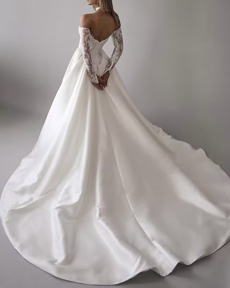 Vestidos de Boda Bustier Caída Vestido de Gala Sin Mangas Con Mangas Desmontables Falda Capilla Satinado Novias Con Aplicación de Encaje Floral 2026 - $218.49 –P4