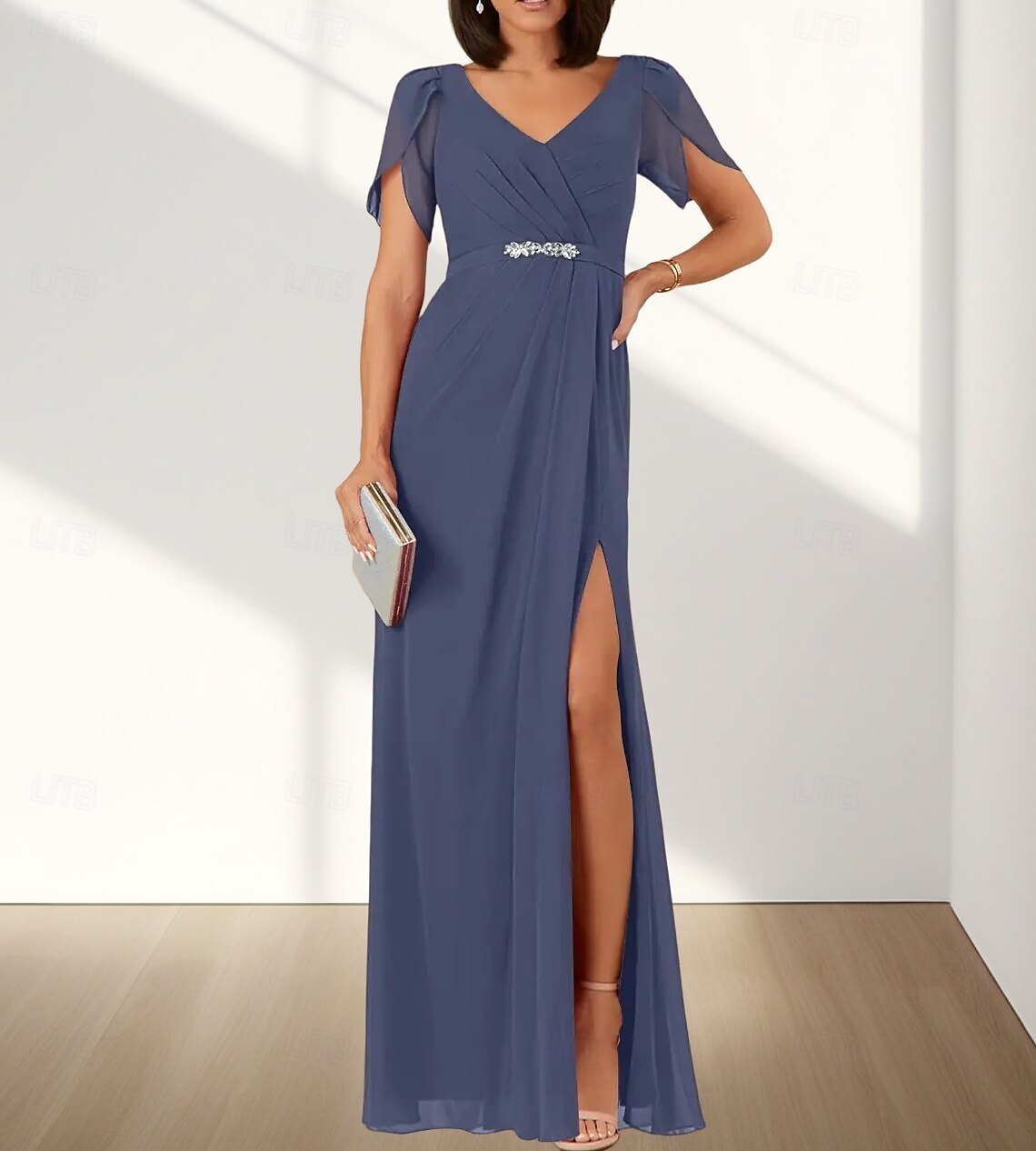 A-Line Wedding Guest Dresses Elegant Dress Wedding Guest Engagement Floor Length Short Sleeve V Neck Chiffon with Ruched Beading Slit 2025 - $169.99 –P3