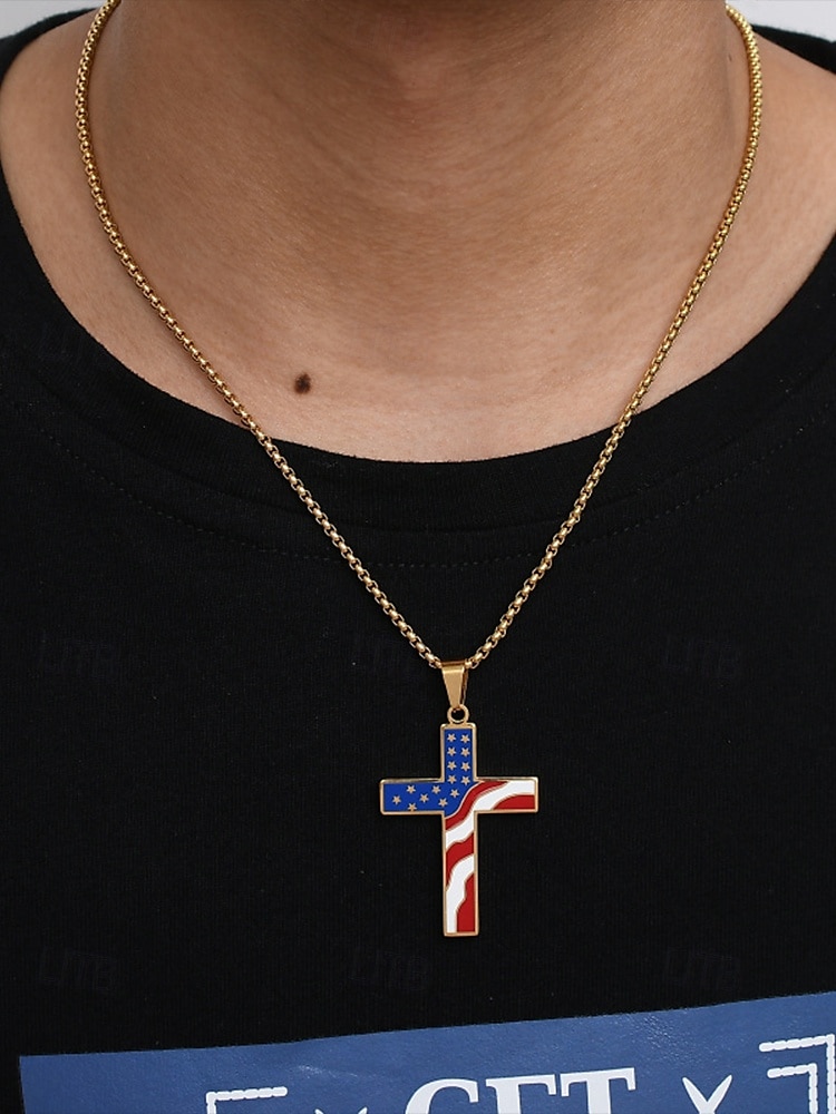 Collana con ciondolo a croce con bandiera americana da uomo – tonalità oro e argento con design della bandiera degli Stati Uniti, elegante e alla moda per un abbigliamento casual e di tendenza. del 2025 a $9.99 –P2