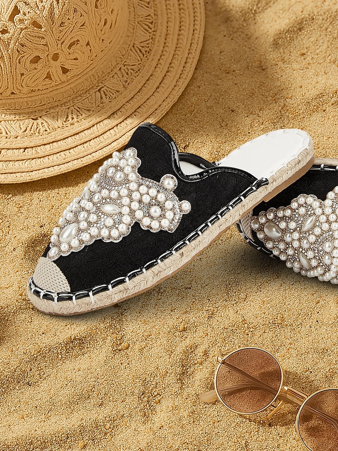 Women's Luxury Pearl Embellished Black Slide Sandals – Elegant Boho Summer Flats for Beach Weddings, Vacations, Festivals, and Resort Wear 2025 - $32.99 –P3