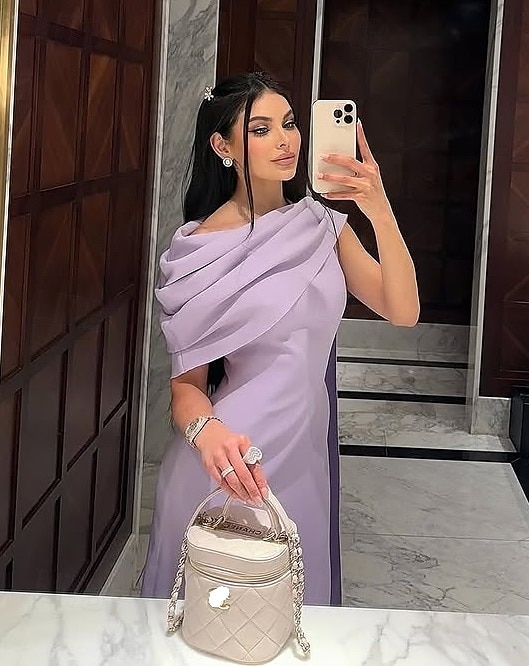 Vestido de Noite Coluna Roxo Rosa Elegante Vestido Formal Comprimento Longo Manga Curta Decote Redondo Crepe com Xale Ruchado de 2025 por $146.99 –P4