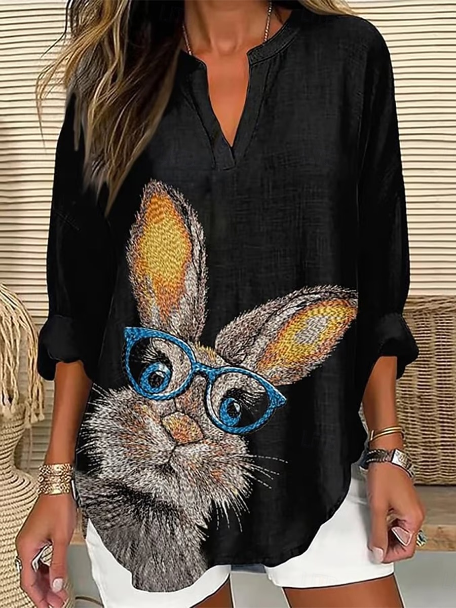 Bluzka damska z lnu przewiewna lekka tunika dekolt w serek długi rękaw boho casual graficzny zwierzęcy vintage tropikalna codzienne regularne topy codzienne noszenie nadruk czarna biała niebieska 2026 - $32.99 –P3