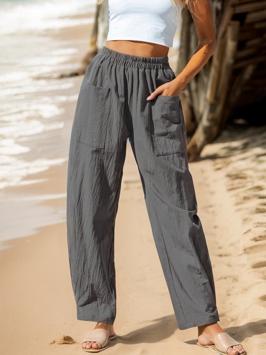 Women's Cotton Linen Pants Baggy Pants Solid Color Vintage Fashion Streetwear Full Length High Waist Plain Pocket Elastic Waistband Comfy Soft Comfortable Micro-elastic Outdoor Vacation Street 2025 - $22.99 –P1
