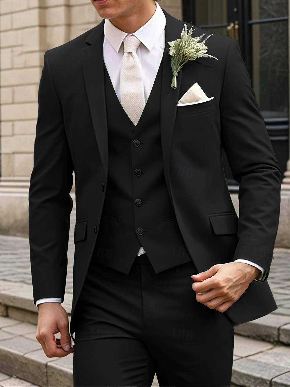 Herren Hochzeits Business Anzüge Schwarz Salbei Formal Sommer Uni Farbige Standard Passform 3-Teilig Einreiher Zwei-Knöpfe 2025 - €114.99 –P2