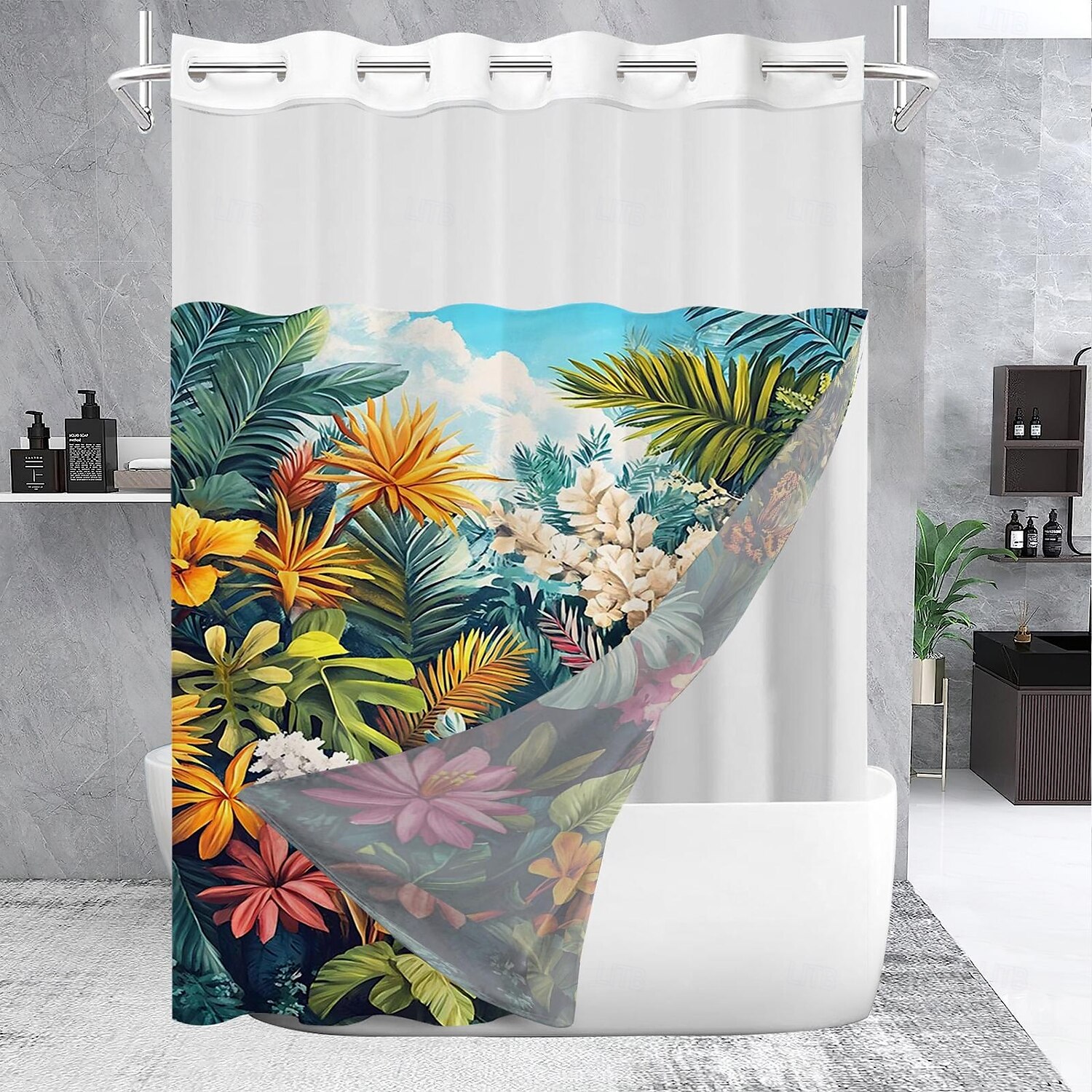 Duschdraperi med Krok 180cm*180cm(70"*70") Polyester Maskintvättbar Vattentät Tropisk Regnskog Blommig Mönster 2025 - $34.99 –P4