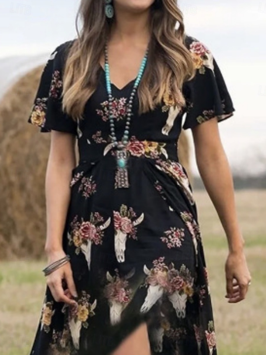 Kvinners Boho Kjole Vestlands Kjole Maxi Kjole A-linje Kjole Sommer Kjole Ferie Uformell Boho Daglig Regelmessig Passform Grafikk Kort Erme V Uten Svart Sommer 2025 - $26.99 –P2