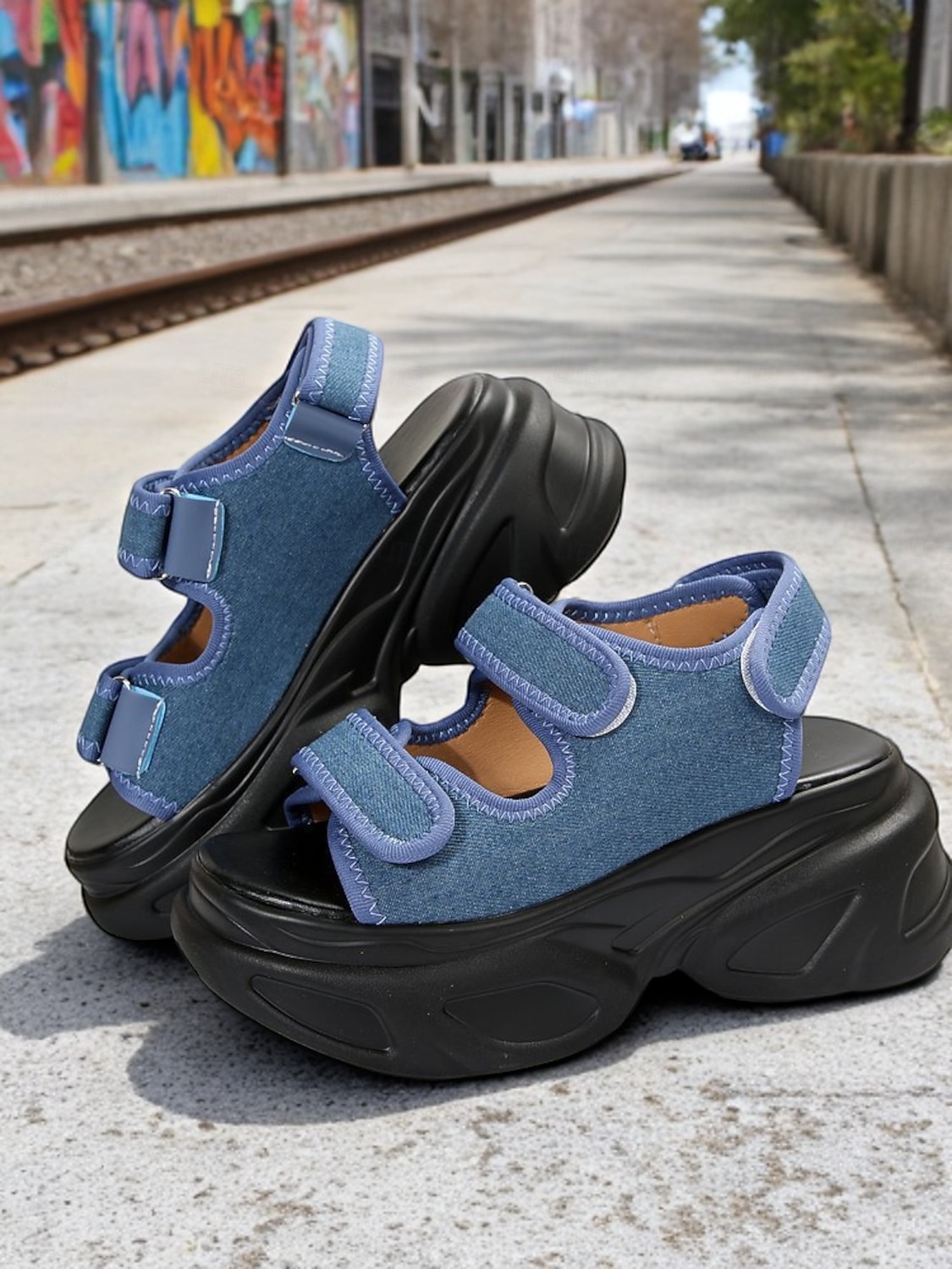 damskie sandały na grubej platformie z denimu – sportowe buty na koturnie z paskiem na rzep na festiwale i miejski styl uliczny 2025 - $29.99 –P1