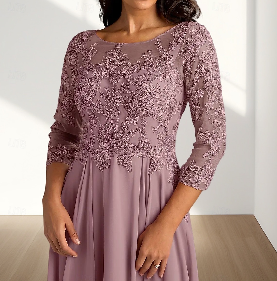 Robe Mère de la Mariée A-Line Invité de Mariage Élégante Col Arrondi Longueur Thé Chiffon Manches 3/4 avec Plis Appliques Robe Midi 2025 de 2025 ? $172.99 –P4