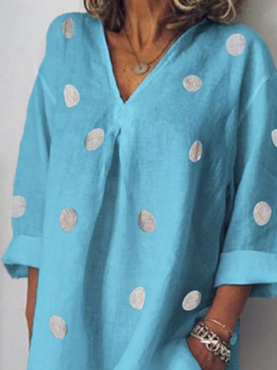 Women's Mini Dress Shift Dress Casual Outdoor Beach Linen Regular Fit Graphic Polka Dot Long Sleeve V Neck White Pink Blue Gray Summer 2025 - $16.99 –P2