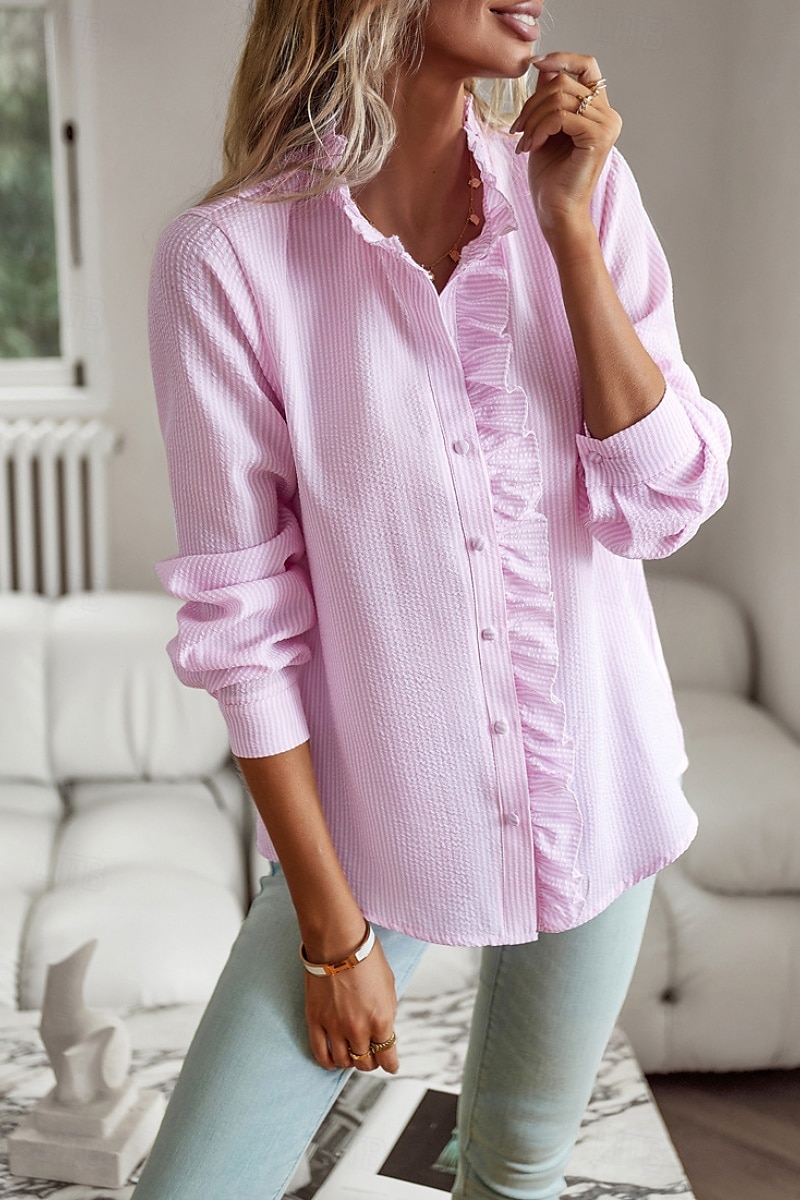Per donna Camicia Camicia in cotone e lino Blusa Semplice Moderno Casual Manica Lunga Collo Alto Top Regolari Quotidiano Uscire Bottoni Nero Bianco Rosa Blu Estate del 2025 a $23.99 –P7