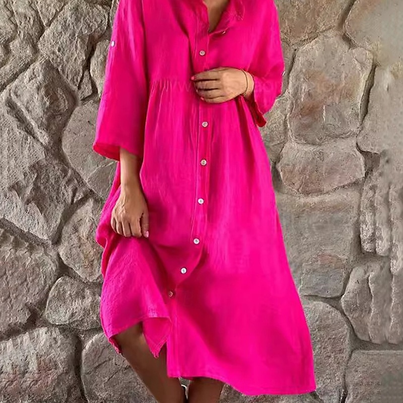 Women's Midi Dress Cotton Linen Dresses Casual Dress Fashion Outdoor Party Holiday Regular Fit Plain Long Sleeve Crew Neck Light Green Pink Grey Summer 2025 - $36.99 –P4