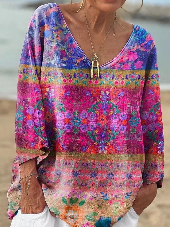 Dame Bluse Blomstret Grafisk Geometrisk Stilfull Fritid Langermet 3/4 ermer V-hals Vanlige topper Daglig Blå Lilla Oransje Grønn Sommer Vår 2025 - $24.99 –P3