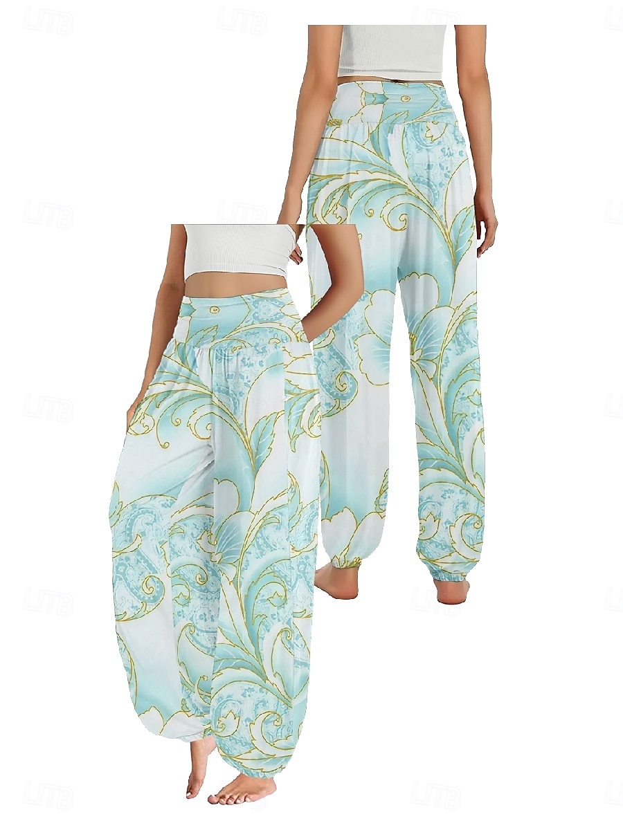 Dam Linneinspirerade byxor Brett skaft Byxor Etnisk Stil Ledigt Boho Fullängd Hög midja Blommig Ficka Elastisk midja Tryck Mateial som andas Mjuk Microelastisk Utomhus Yoga Rosa Kungsblå Blå Purpur 2025 - $20.99 –P9