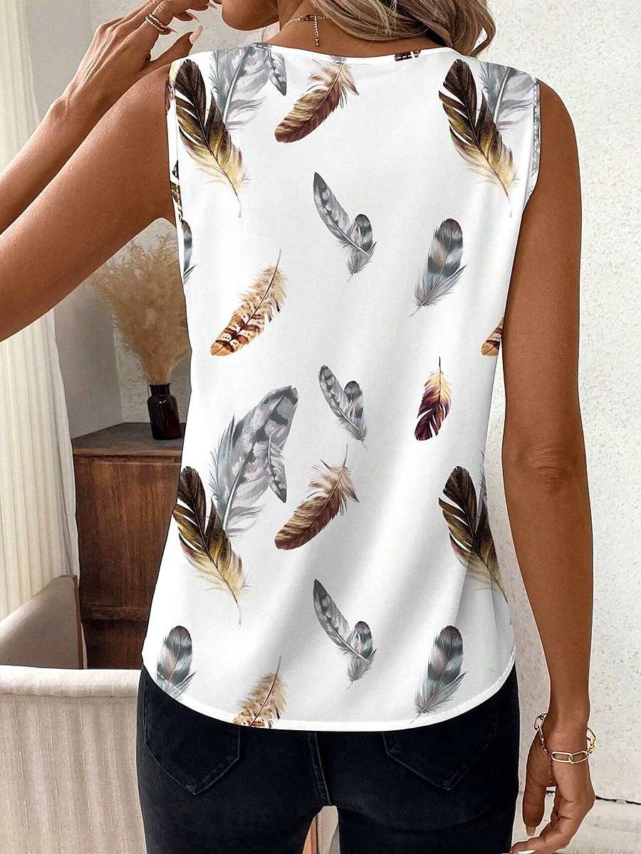 Dame Camisole Tank Top Grafisk Fjær Elegant Bohem Stilfull Ermeløs V-hals Vanlige topper Daglig Ut på byen Ferieklær Trykt mønster Hvit Sommer Vår 2025 - $19.99 –P2
