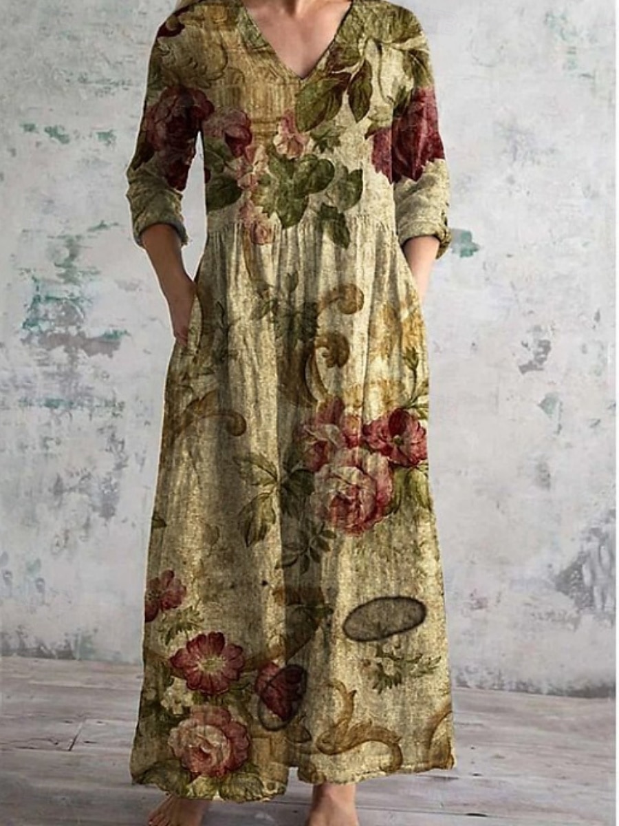 Damen Langes Kleid Maxikleid Freizeitkleid Sommerkleid Boho-Kleid Mode Urlaub Täglich Wochenende Normale Passform Blumen Langarm V Ausschnitt wasserblau Blau Dunkelgrün Braun Sommer 2025 - $22.99 –P3