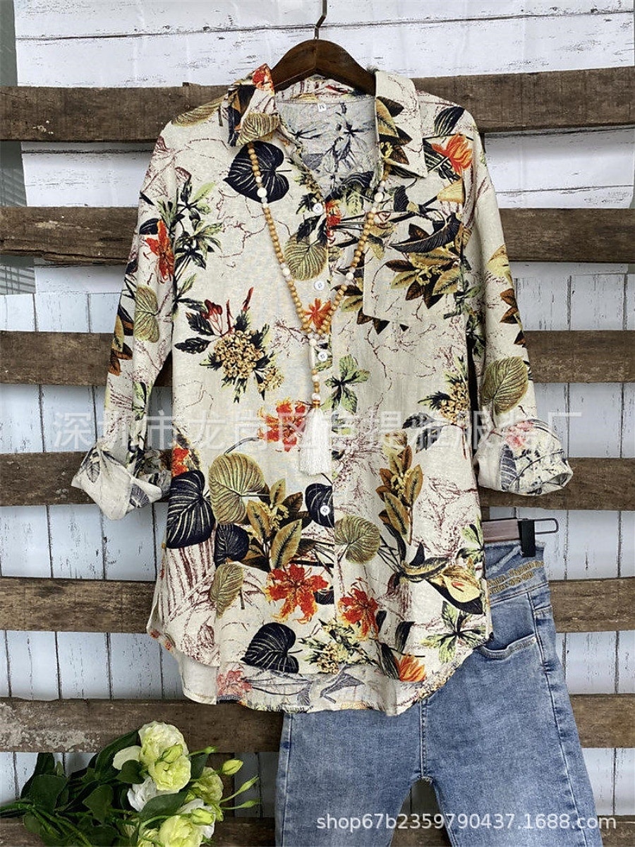 Per donna Camicia Floreale Elegante Moderno Casual Manica Lunga Collo a V Top Regolari Quotidiano Stampato Blu marino Viola Cachi Estate del 2025 a $22.99 –P9