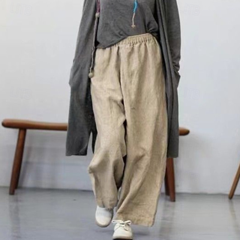 Women's Cotton Linen Pants Slacks Casual Full Length Natural Plain Pocket Elastic Waist Comfy Outdoor Comfortable Street Going out Grey Black Khaki Coffee Summer Regular Fit 2025 - $23.99 –P5