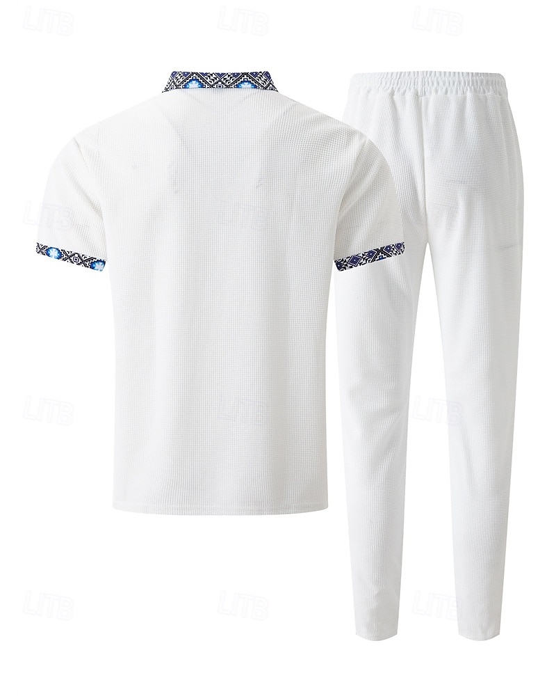 Voor heren Wafel Shirt T-shirt past Shirt- en broeksets 2 stuks outfits Korte mouw Revers Zomer Kleurenblok Modieus Casual Lapwerk 2-stuks Vakantie Alledaagse kleding Uitgaan Zwart Wit Koningsblauw 2025 - $40.99 –P19