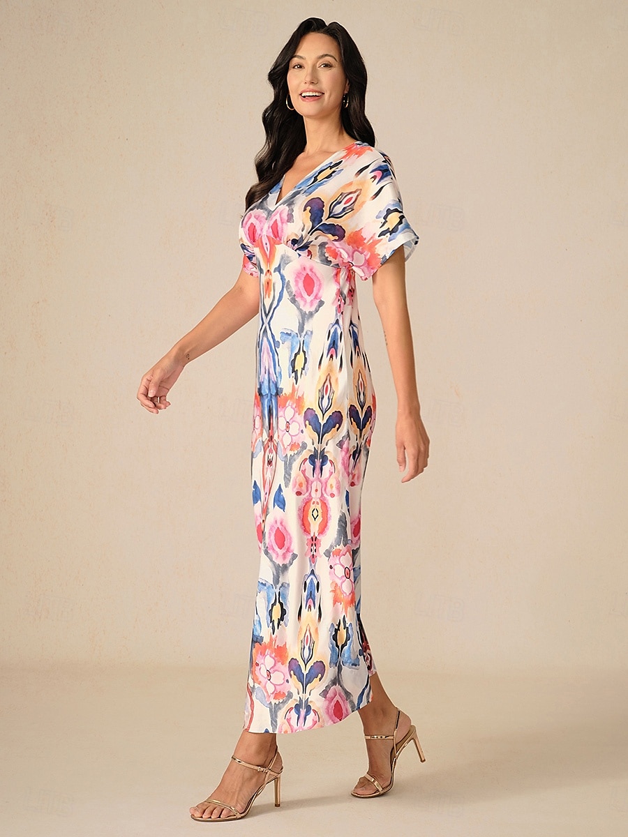 Dames Maxi-jurk Schede jurk Elegant Bruiloft Feest Normale pasvorm Grafisch Korte mouw V-hals Blozend Roze Lente 2025 - $59.99 –P1