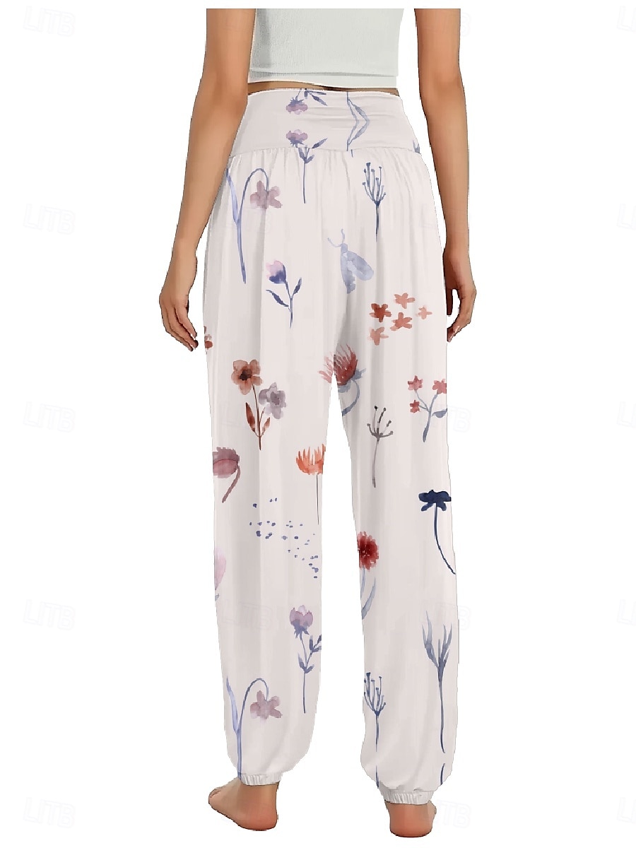 Dame Lin-inspirerte bukser Bred Bukseben Bukser Etnisk stil Fritid Bohem Full lengde Høy Midje Blomstret Blad Tropisk Lomme Elastisk midje Printer Pusteevne Myk Mikroelastisk utendørs Yoga- og 2025 - $21.99 –P2