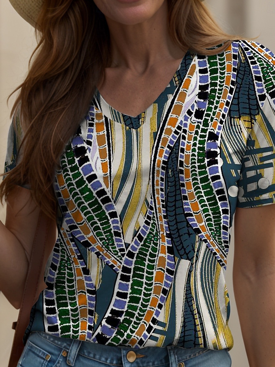 Femmes T-shirt Graphique Géométrique Abstrait ancien Élégant Classique Manche Courte Col en V Hauts Réguliers Quotidien Sortir Week-end Imprimé Jaune Rouge Bleu Vert Été Printemps de 2025 ? $19.99 –P3