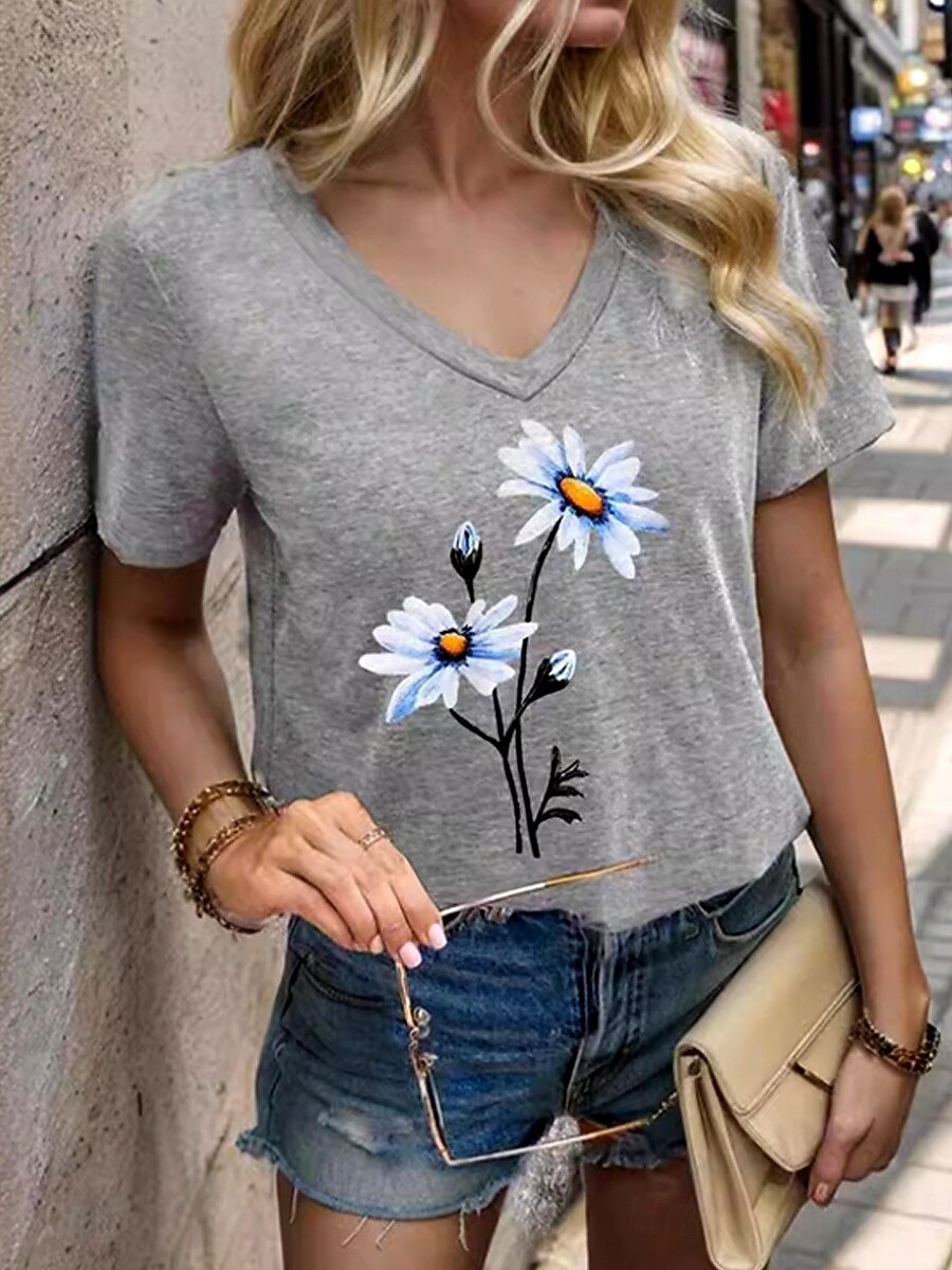 Femmes T-shirt Fleuri Graphique Plantes ancien Élégant Classique Manche Courte Col en V Hauts Réguliers Quotidien Week-end Imprimé Noir Gris Été Printemps de 2025 ? $19.99 –P4
