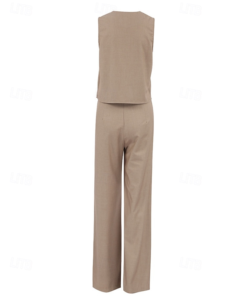 Femmes Actif Mode Chemisier Gilet Ensembles de Pantalons Sans manches Col en V Couleur Unie Dubbele Rij Knopen Extérieur Fête Noir Marron Gris Été Coupe régulière de 2025 ? $39.99 –P3