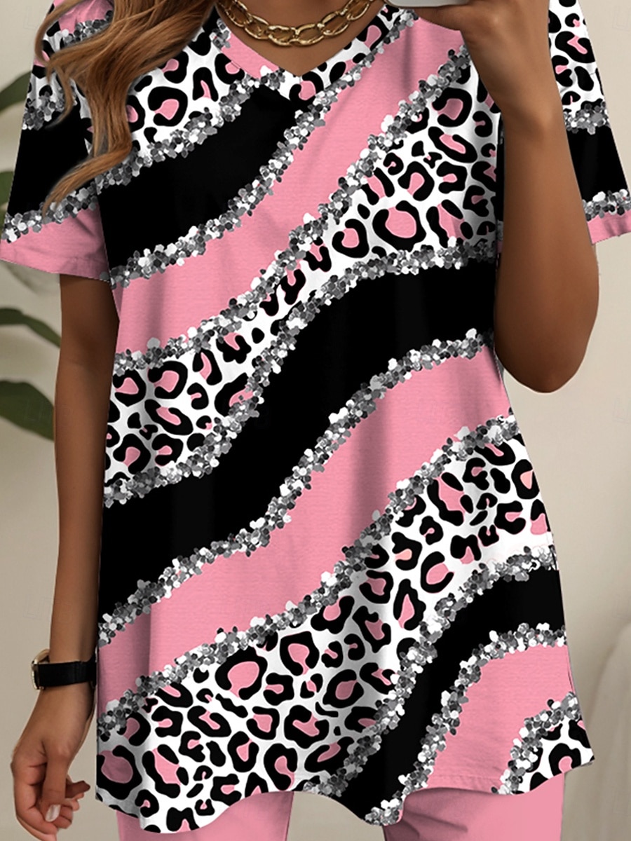 Ensembles de mode pour femmes en 2 pièces t-shirt et shorts manches courtes col en V impression graphique géométrique décontracté quotidien rose bleu vert été coupe régulière de 2025 ? $29.99 –P3