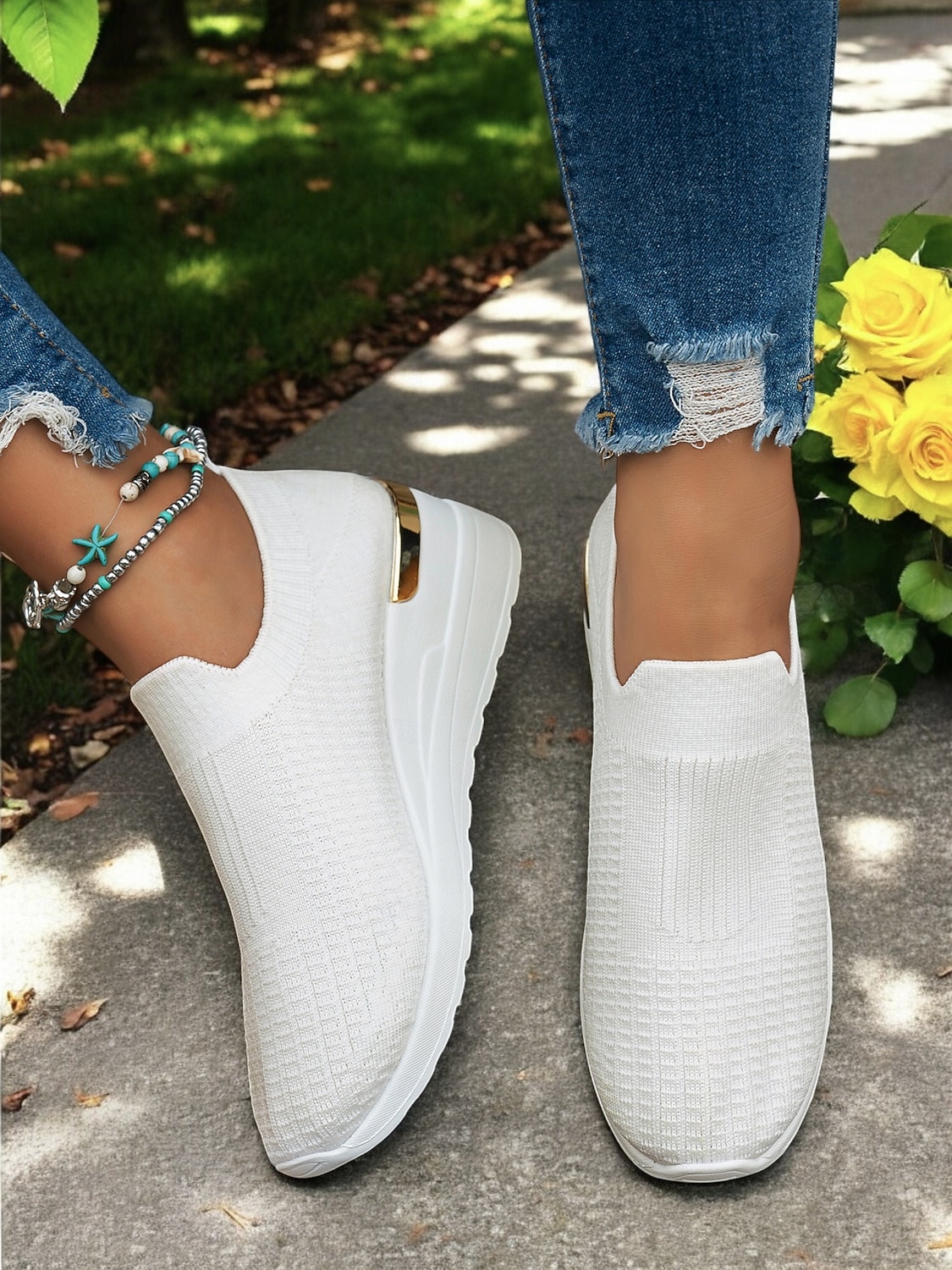 γυναικεία λευκά πλεκτά slip-on αθλητικά παπούτσια – μοντέρνο και άνετο στυλ για δραστήριες γυναίκες σε υπαίθριους περιπάτους, γυμναστήρια και περιστασιακές εξερευνήσεις στην πόλη 2026 - $32.99 –P2