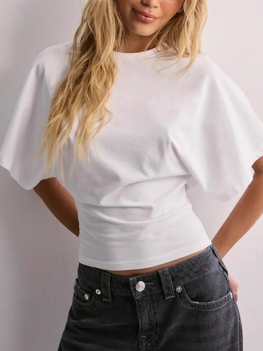 Kvinners T-skjorte Ensfarget Enkel Basis Moderne Uformell Halv Erme Rund Utringning Vanlige Topper Daglig Helg Svart Hvit Rosa Brun Sommer 2025 - $17.99 –P1