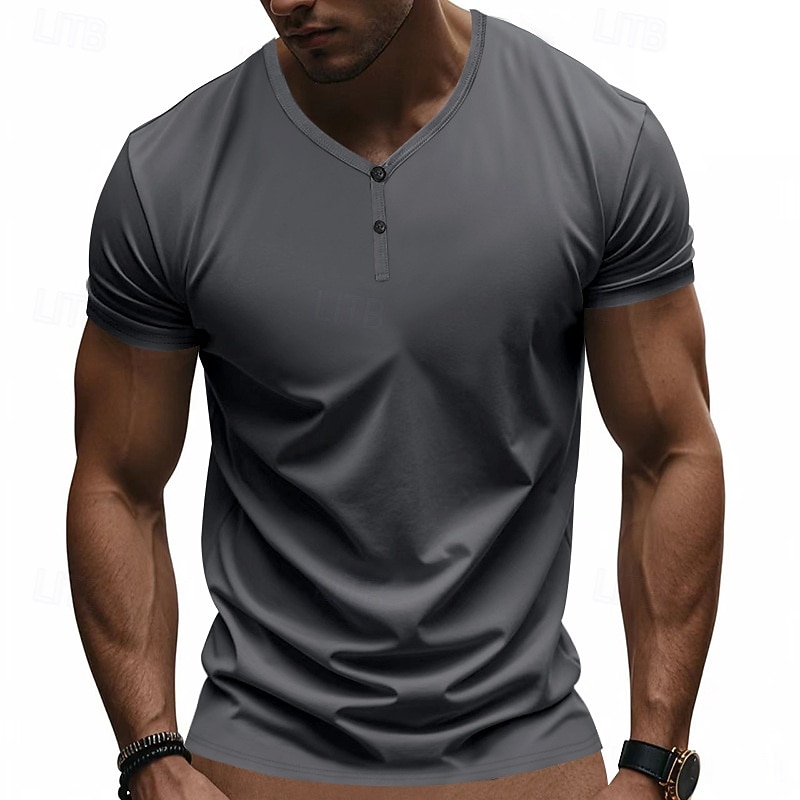 Men's T Shirt Henley Shirt Tee Short Sleeve Shirt Short Sleeve V Neck Summer Plain Fashion Designer Basic Plain Vacation Street Going out claret Black Royal Blue Top Tee for Men 2025 - $19.49 –P12