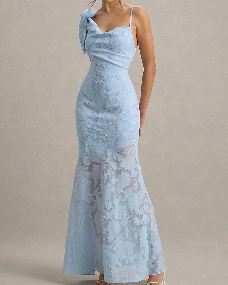 Vestido de noite estilo celebridade, sereia/trompete azul, renda floral queimada, comprimento até o chão, sem mangas, decote coração com laço(s), 2025 de 2025 por $148.99 –P3