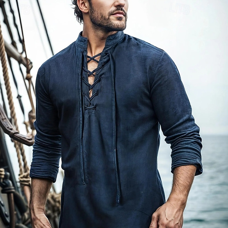 Per uomo Camicia Camicia di lino Stile vichingo Camicia Estiva Abbigliamento da spiaggia Camicia pirata Tinta unica Vacanza Streetwear Nero Blu marino Cachi Manica Lunga Collo alla coreana Estate del 2025 a $21.99 –P5