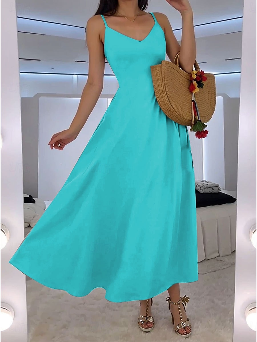 Damen Maxikleid A Linie Kleid Unterkleid Urlaub Lässig Strand Hochzeit Outdoor Party Normale Passform Einfarbig Ärmellos V Ausschnitt Schwarz Rosa Rote Blau Sommer Frühling 2025 - $31.99 –P2