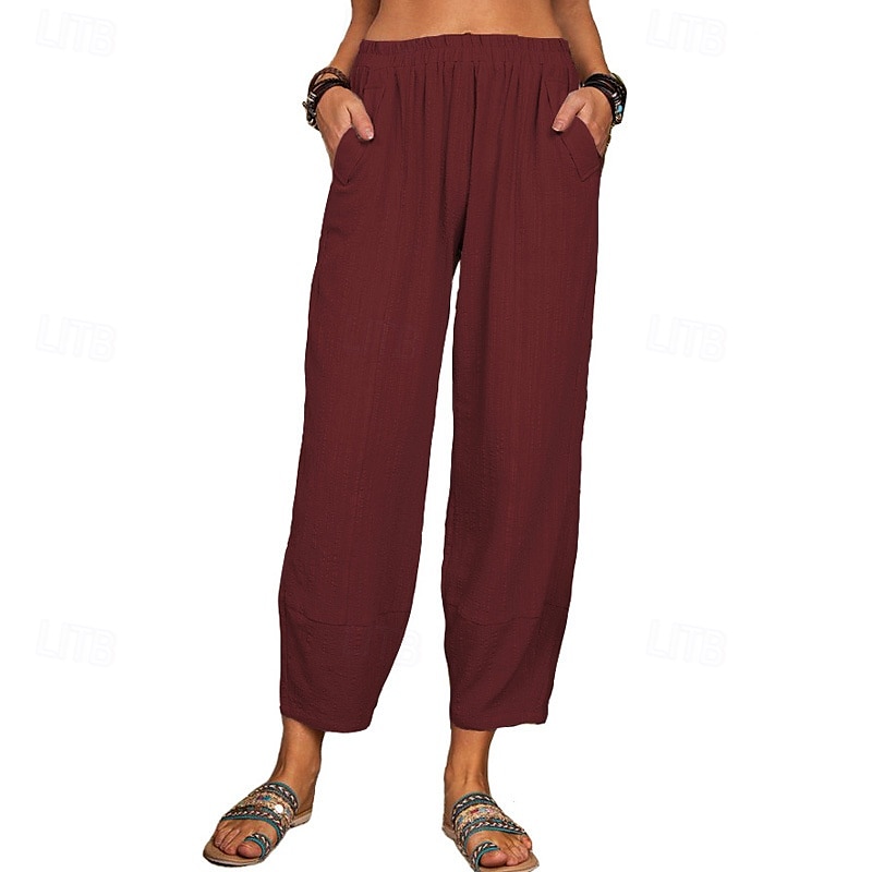 Per donna Pantaloni in cotone e lino Pantaloni Eleganti Streetwear Casual Lunghezza intera Naturale Semplice Tasca Elastico in vita Comodo Confortevole Uscire Weekend Vinaccia Grigio Nero Bianco del 2025 a $24.99 –P13