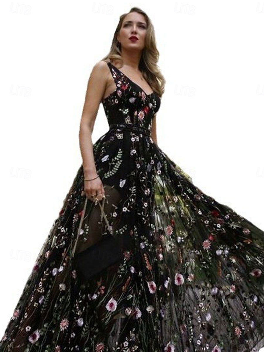 A-line quinceanera šaty elegantní šaty svatební šaty pro svatební hosty dlouhé šaty bez rukávů výstřih do V polyester bez zad s květinovým potiskem kde jsou sklady 2025 - $79.99 –P5