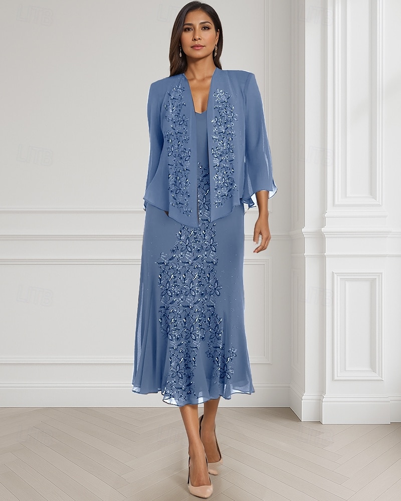 Due Pezzi Linea ad A Abito da cerimonia per signora Formale Ospite di nozze Elegante Collo quadrato Lunghezza al pavimento Chiffon Manica Lunga Con Stola con Pizzo A balze Ricamo 2025 del 2025 a $154.99 –P1