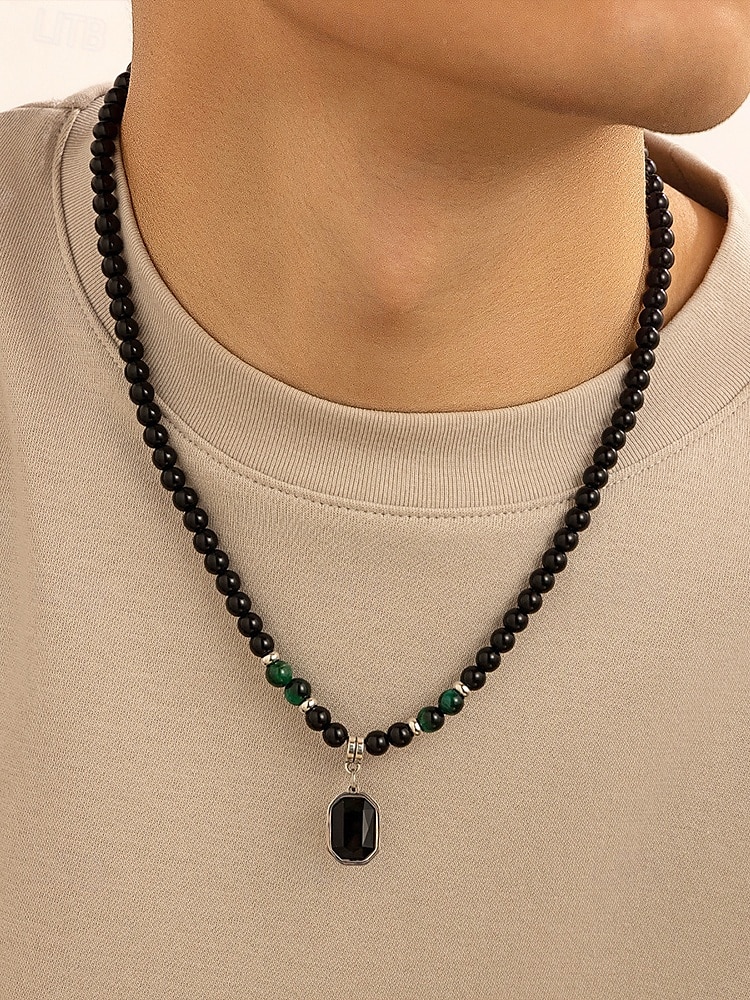 Men's Black Onyx Beaded Necklace with Tiger Eye Accents and Silver Pendant – Stylish Gift for Casual and Formal Occasions 2025 - $9.99 –P8