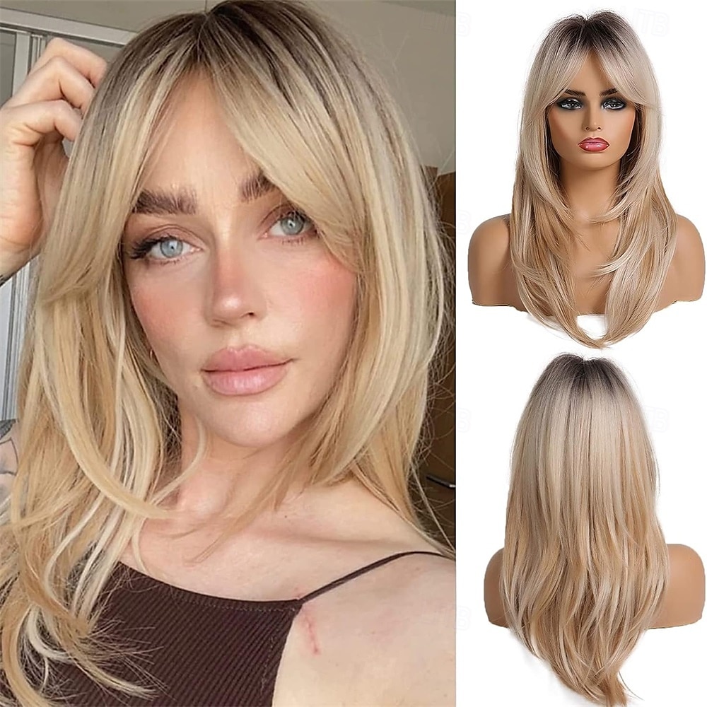 20 palců dlouhé rovné blond vrstvené syntetické paruky pro ženy s tmavými kořínky pro každodenní párty 2025 - $28.99 –P1