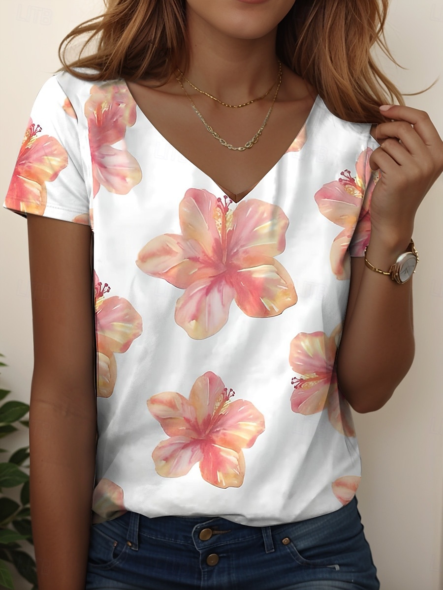 Femmes T-shirt Fleuri Graphique Plantes ancien Élégant Classique Manche Courte Col en V Hauts Réguliers Quotidien Imprimé Blanche Violet Vert Été de 2025 ? $19.99 –P2