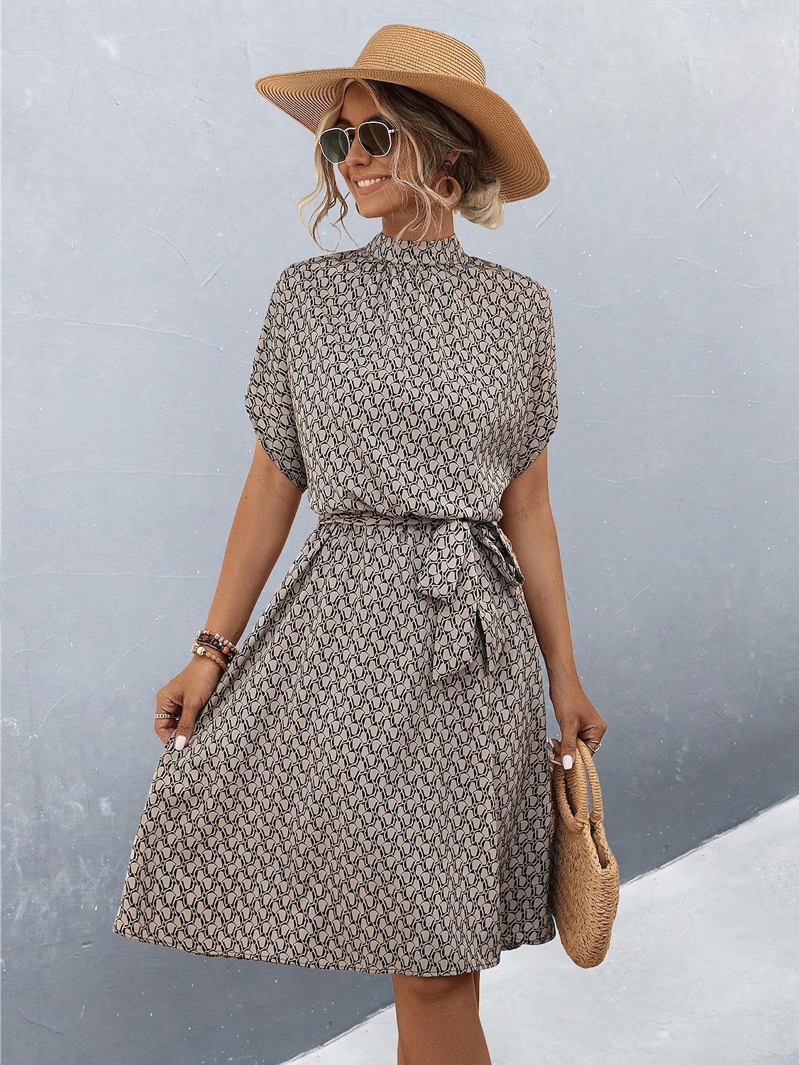 Damen Midikleid Figurbetontes Kleid Lässig Täglich Normale Passform Grafik Karomuster Kurzarm Hoher Ausschnitt Schwarz Braun Sommer 2025 - $29.99 –P1